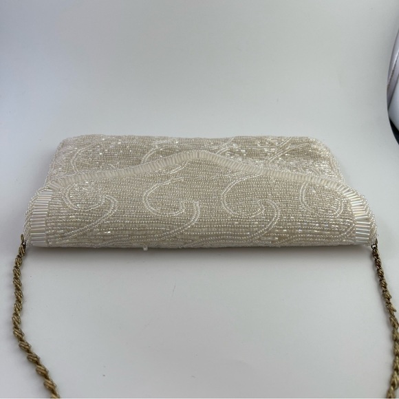 Vintage La regale Ivory White Cream Beaded satin purse clutch bag - Picture 7 of 16